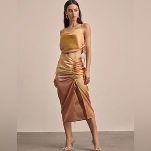 Silk Maison 2-Piece Golden Tala Ruched Silk Midi Dress Cami Skirt Set Small  NEW